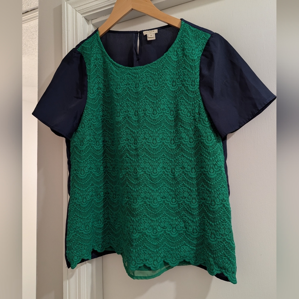 J. Crew Green and Navy Boxy Short Sleeve Blouse - M